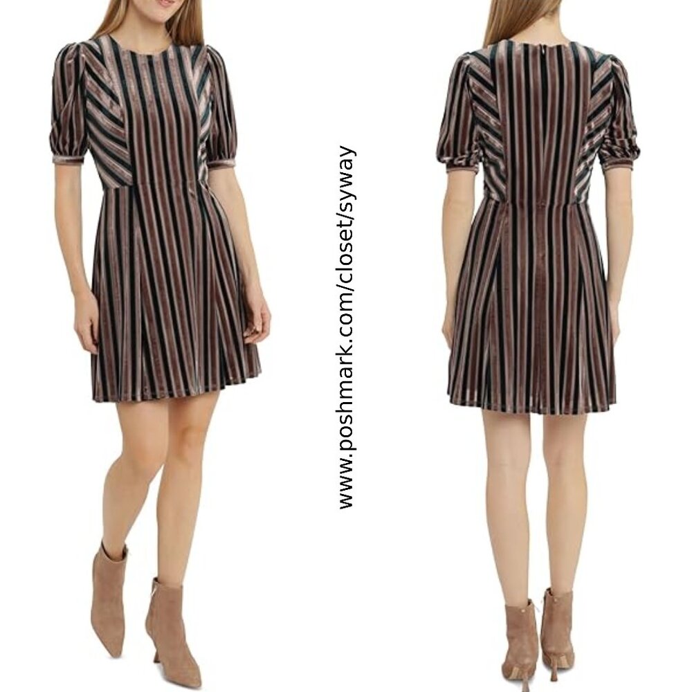 London Times Velvet Stripe Puff Sleeve Dress